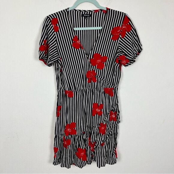 Madewell Black & White Stripe Red Floral Wrap Dress- Ruffle Skirt- Size 8 - Picture 5 of 7